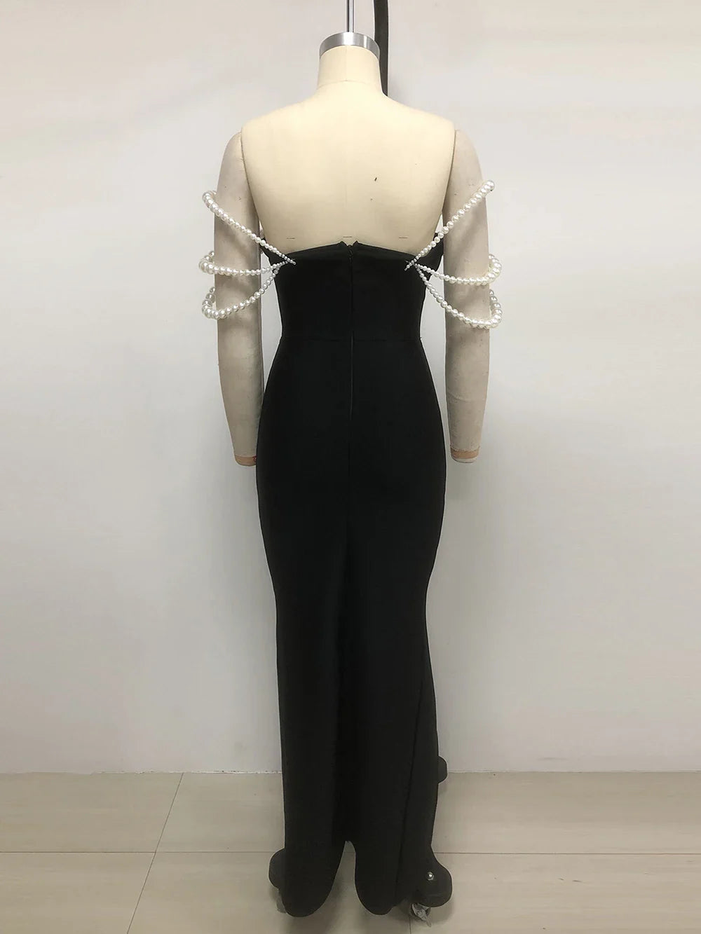 Women Sexy Black Pearl bead Maxi Long Bodycon Bandage Dress Celebrity Elegant Evening Club Party Luxury Birthday Gowns