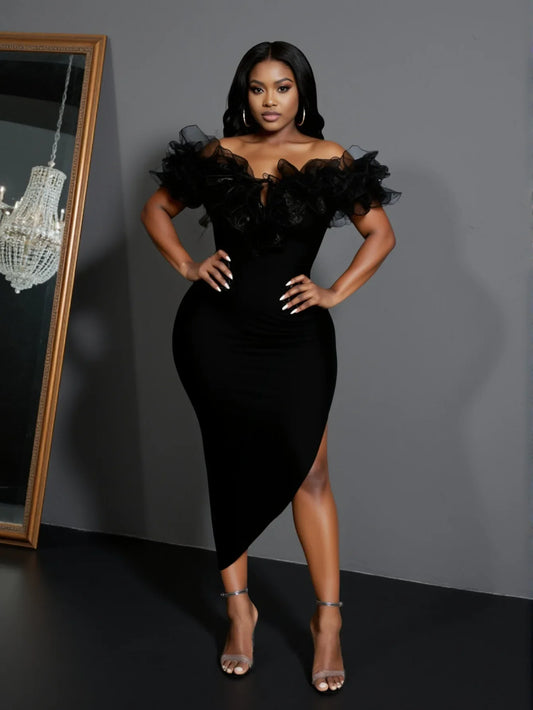 High Quality Women Slash Neck Ruffles Bodycon Bandage Mid-calf Dress Celebrate Nightclub Party Birthday Outfit Wholesale black