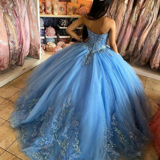 Glittering Blue Ball Gown Quinceanera Dresses Luxury Beading Appliques Vestidos De 15 Anos Formal Birthday Party