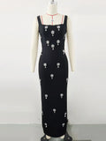 Elegant Women Light Luxury Nail Bead Bandage Dress Camisole Square Neck Sleeveless Bodycon Long Dress Evening Party Vestido black