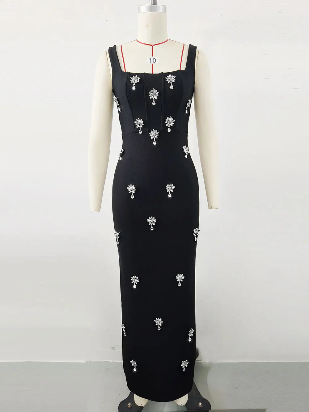 Elegant Women Light Luxury Nail Bead Bandage Dress Camisole Square Neck Sleeveless Bodycon Long Dress Evening Party Vestido black
