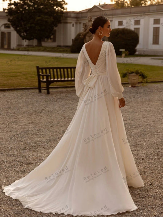Simple Wedding Dresses For Women A-Line Satin Bridal Gowns V-Neck Backless Long Puff Sleeves Robes Pretty Vestidos De Novia