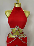 Luxury Rhinestone Red Sexy Cut Out Two Piece Pants Bandage Set Women Celebrity Designer Fashion Women's Set Stage Outfit
