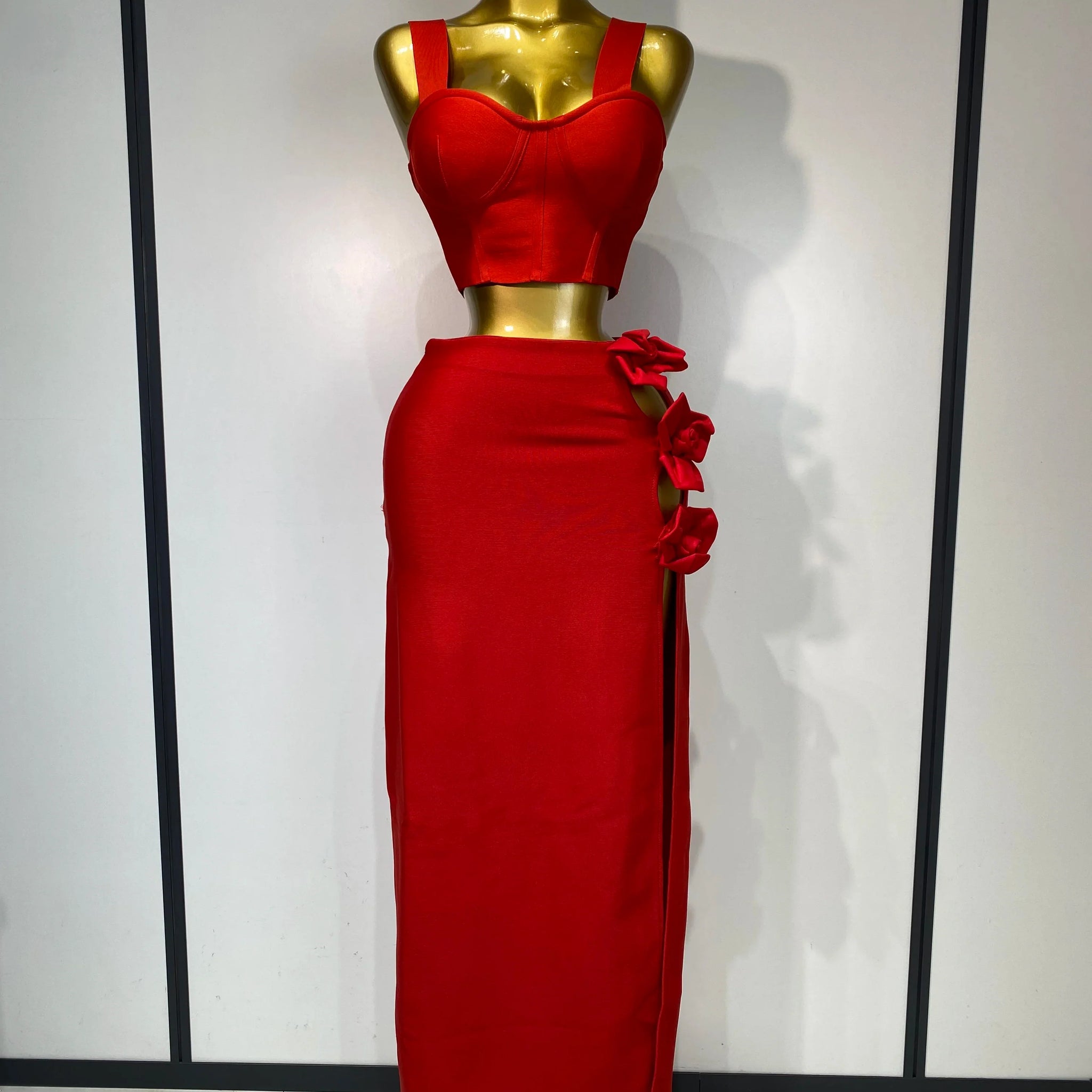 Women Red Top Flower Skirt Two Piece Set Evening Party Nightclub Elegant Host Tight Sexy Club Bodycon Bandage Long Skirt Red