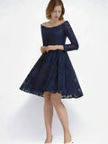 Elegant A-Line Prom Evening Dress Lace Off-the-Shoulder 3/4 Sleeve Pleated Knee-Length Wedding Guest Dress 2025 Free Customized Dark Navy CHINA