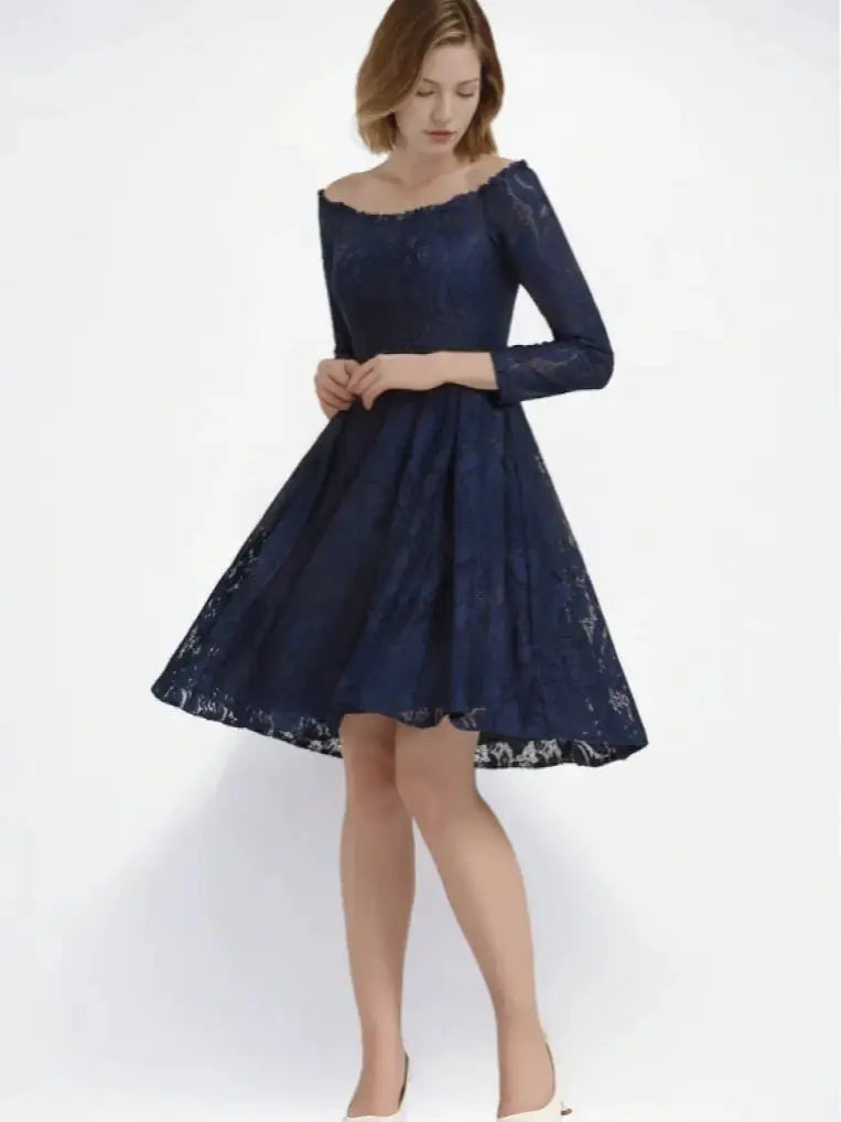 Elegant A-Line Prom Evening Dress Lace Off-the-Shoulder 3/4 Sleeve Pleated Knee-Length Wedding Guest Dress 2025 Free Customized Dark Navy CHINA