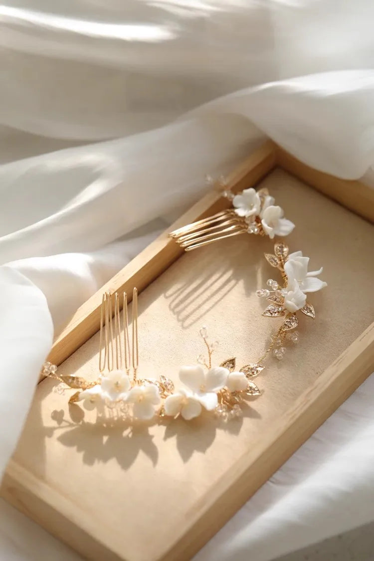 Bridal Jewelry Porcelain Flower Headband Hairband Vintage Gold Color Headpiece Headdress Brides Hair Comb Wedding Accessories