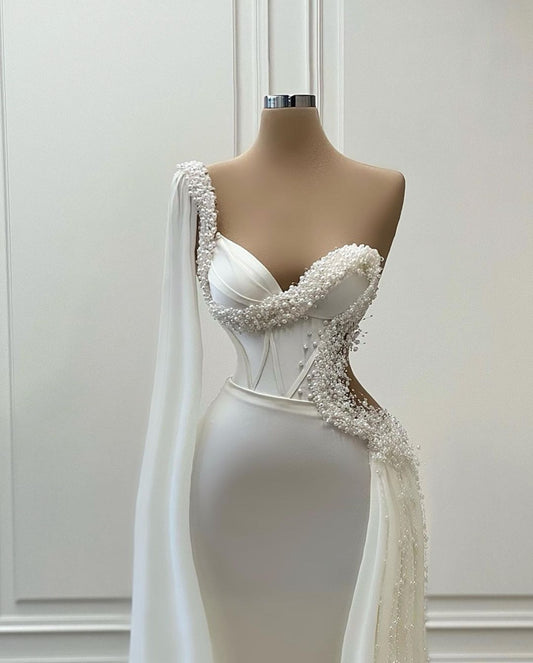 Luxus Hochzeitskleid Schweinehals mit Perlenperlen Pailletten Custom Schnürpailletten oder Reißverschluss Satin Meerjungfrau Brautkleider Abendkleid