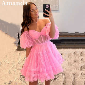 Amanda Sweet Puffy Sleeve Prom Dress 2023 Sexy Off Shoulder Vestidos De Noche Sweetheart Short Edge Curl فساتين مناسبة رسمية