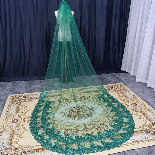 1 Layer Lace with Sequins Wedding Veil 3 Meters Green Cathedral Length Bridal Veil