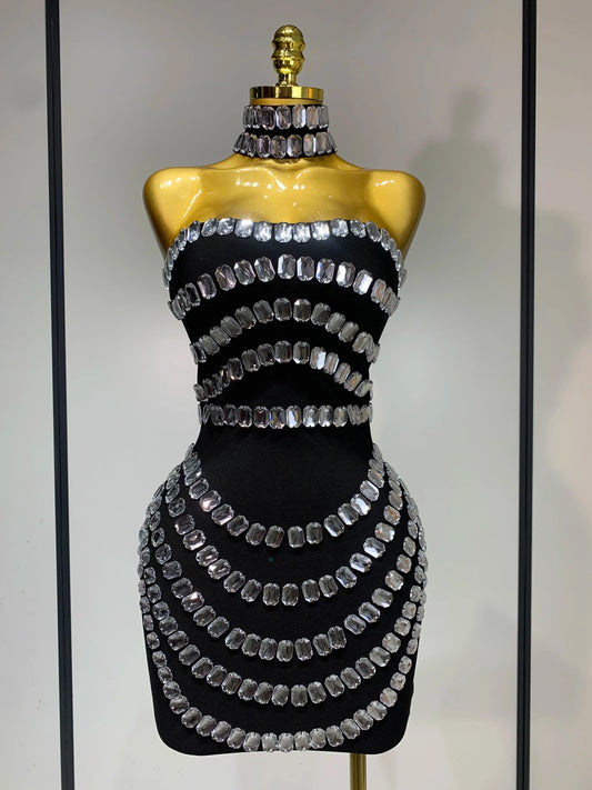 Sparkly Rhinestones Bodycon Strapless Mini Bandage Dress Women Backless Fashion Evening Party Club Luxury Birthday Dresses black