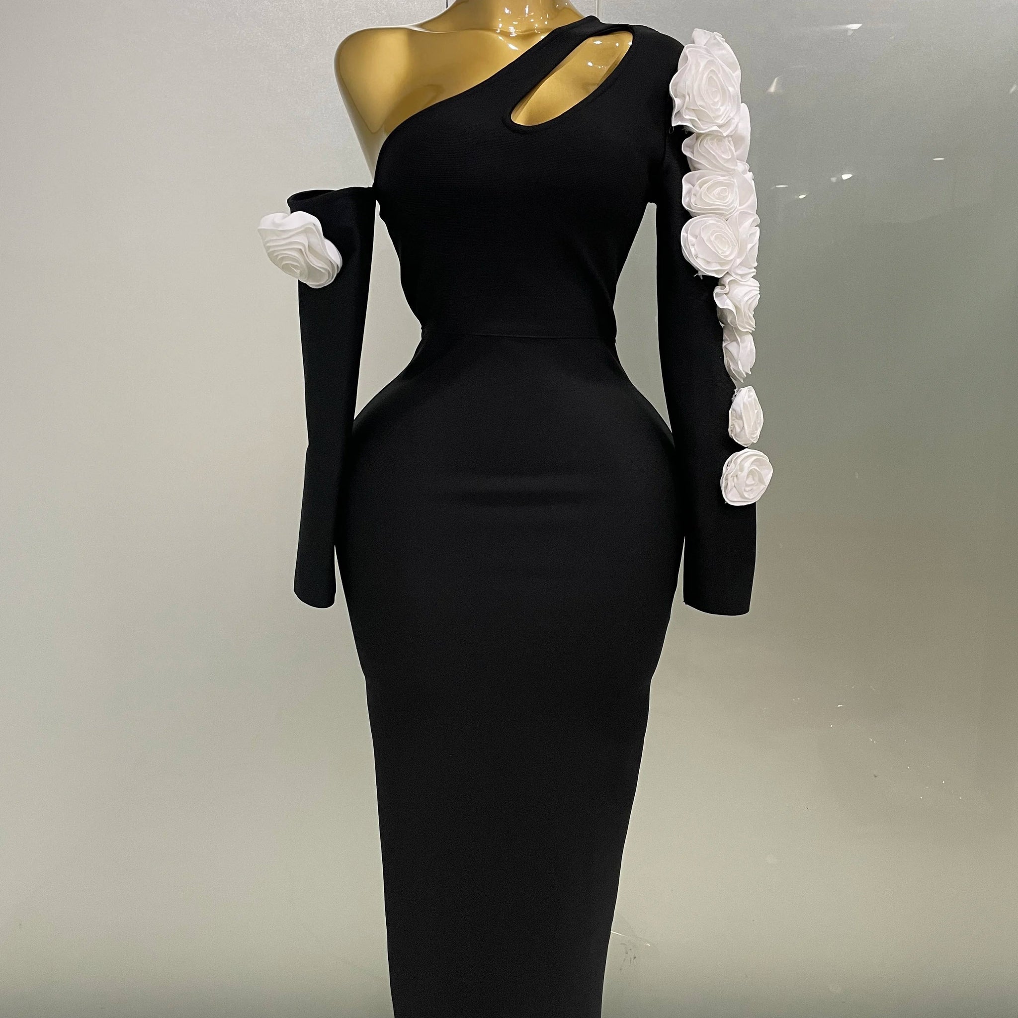 Sexy One Shoulder Key Hole Flower Maxi Long Bodycon Bandage Dress Women Knitted Elegant Evening Club Party Outfit black