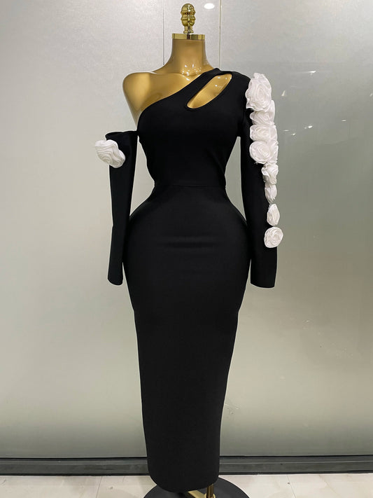 Sexy One Shoulder Key Hole Flower Maxi Long Bodycon Bandage Dress Women Knitted Elegant Evening Club Party Outfit black