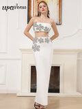 Sexy Women Nail Diamond Flower Design Bandage Long Dress Set Strapless Sleeveless Diamond Set Tank Top+Skirt Two Piece Set