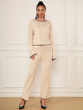 Spring Casual Women's Knitted Pants Set O-neck Long Sleeve Hoodie Loose Knitted Shirt+Straight Pants Two Piece Set Khaki