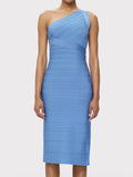 Elegant Women's Single Shoulder Sleeveless Bandage Dress with Diagonal Collar Bodycon Bareback Split and Knee Dress Vestido Blue