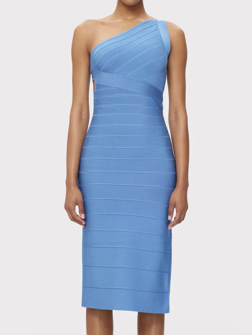 Elegant Women's Single Shoulder Sleeveless Bandage Dress with Diagonal Collar Bodycon Bareback Split and Knee Dress Vestido Blue