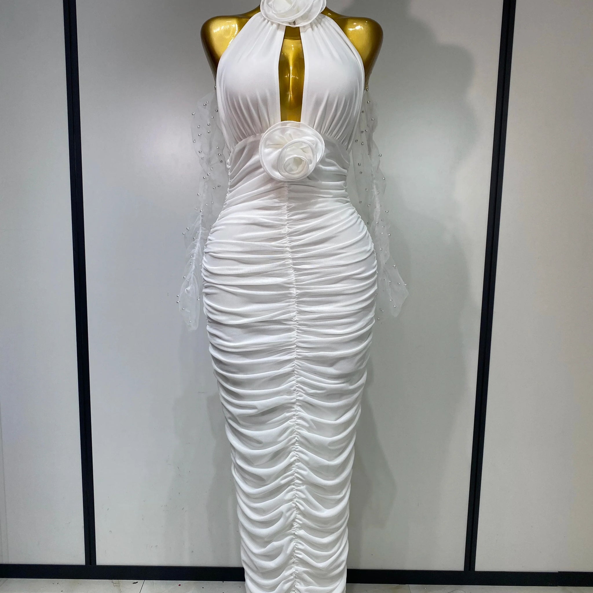 Women Sexy Cut Out Flower Pleated Bodycon Long Dress Celebrity White Elegant Evening Party Cocktail Luxury Birthday Dress WHITE