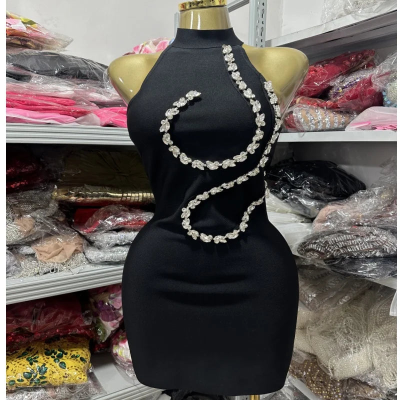 Red Black Color Women Sexy Off the Shoulder Shinning Crystal Bodycon Mini Bandage Dress Nightclub Party Bar Singer Birthday Wear