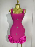 STyle Shining Crystal Women Sleeveless Bodycon Mini Bandage Dress Elegant Ruffles Cute Birthday Party Celebrate Dress Rose Red
