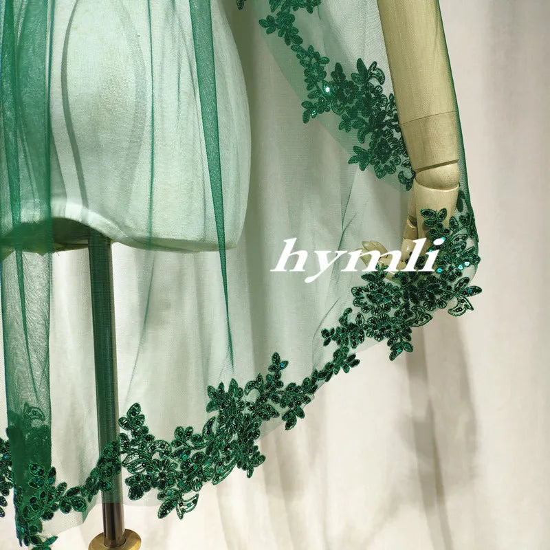 Single-Layer Dark Green Veil Sequin Lace Appliqué & Metal Comb, Personalized Choice – Distinctive Wedding Style