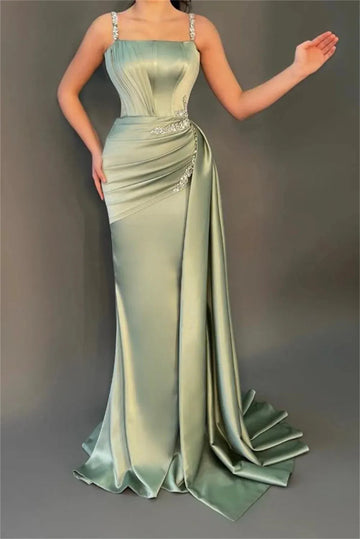 Green Satin Spaghetti Strap Prom Dress Sleeveless Floor-Length Pleated Wedding Gown As Picture