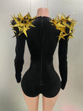 Shiny Gold Rhinestone Black Velvet Long Sleeve Bodysuit Women Evening Party Club Gala Hosts Night Club Bar Stage Costumes