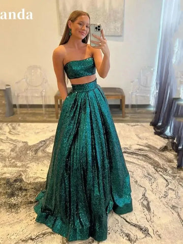Glitter Dark Green Sequin Strapless A-Line Party Dress Evening Prom Dress Green