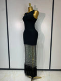 Fashion Black Sleeveless Sparkly Diamonds Tassel Bandage Dress Celebrity Cocktail Evening Party Luxury Birthday Gown