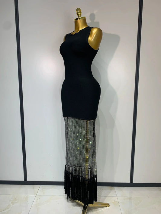 Fashion Black Sleeveless Sparkly Diamonds Tassel Bandage Dress Celebrity Cocktail Evening Party Luxury Birthday Gown