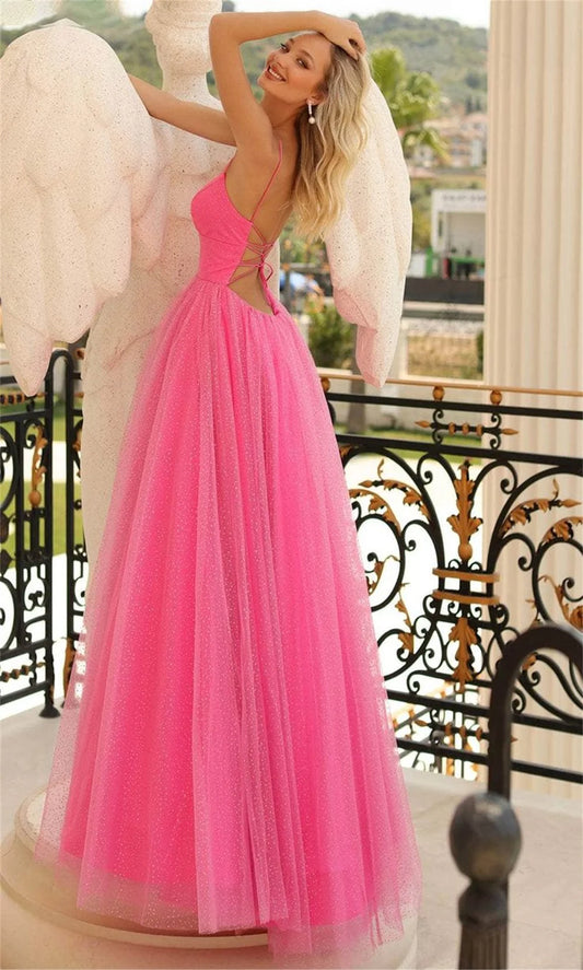 Pink Tulle vestidos de noche Spaghetti Strap  V-Neck A-line Prom Dresses Elegant Sleeveless Ankle-Length Formal Evening