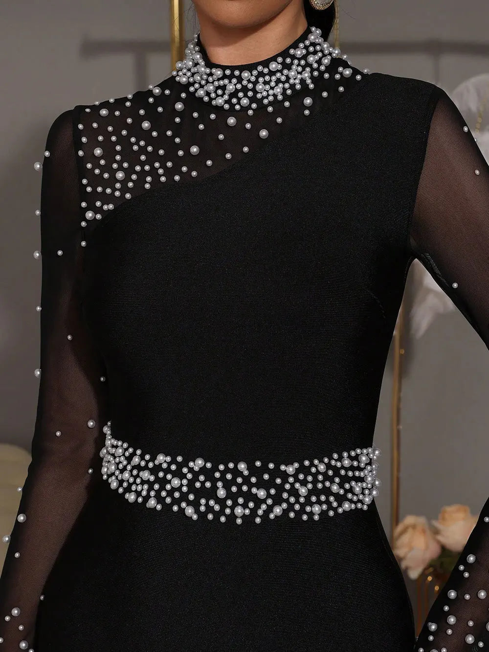 Sexy Women Light Luxury Nail Bead Patchwork Bandage Dress Stand Collar Long Sleeved Bodycon Black Long Dress Party Vestidos