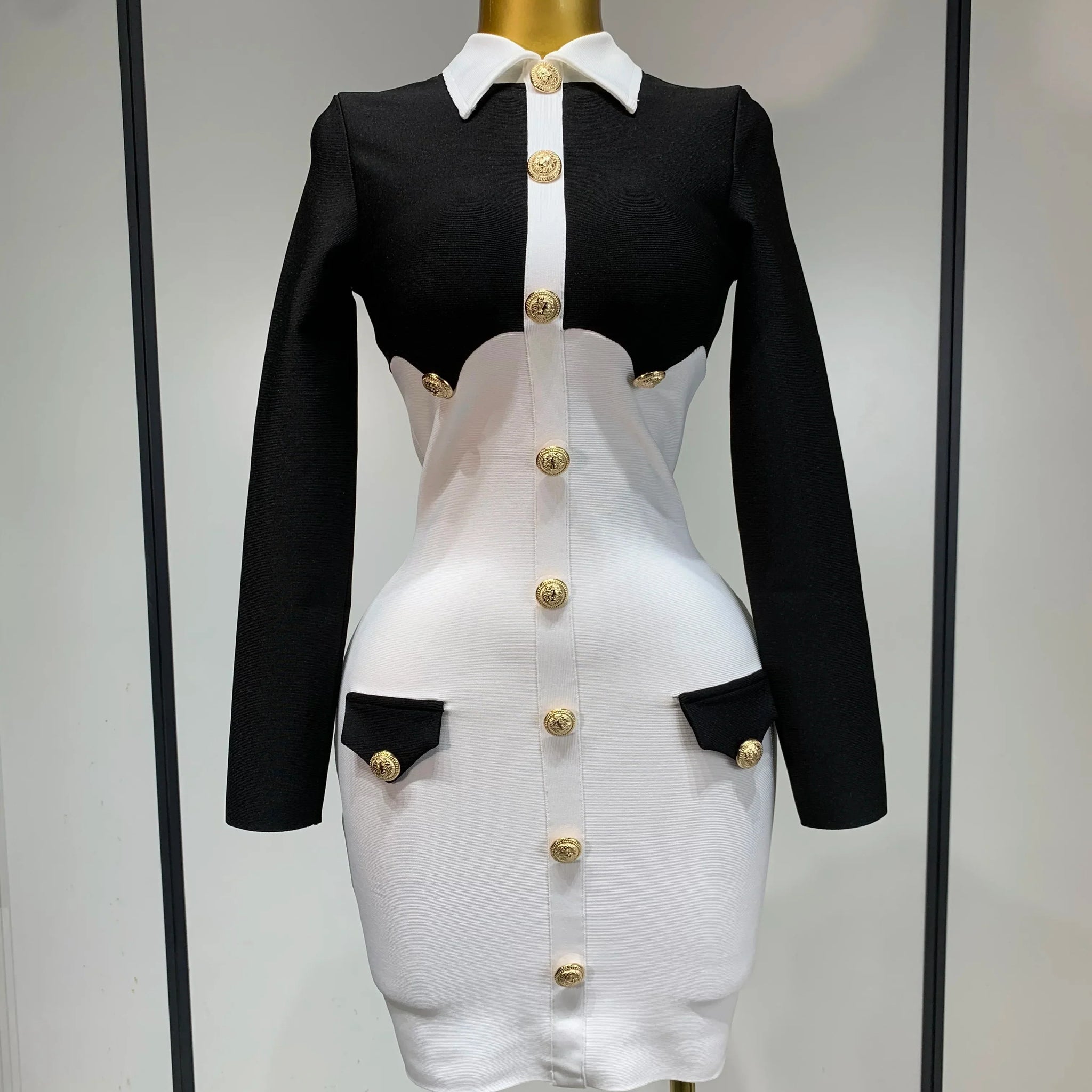 Women Long Sleeve Elastic Bodycon Short Bandage Dress High Street Office Lady Formal Elegant Business Club Party Dresses black