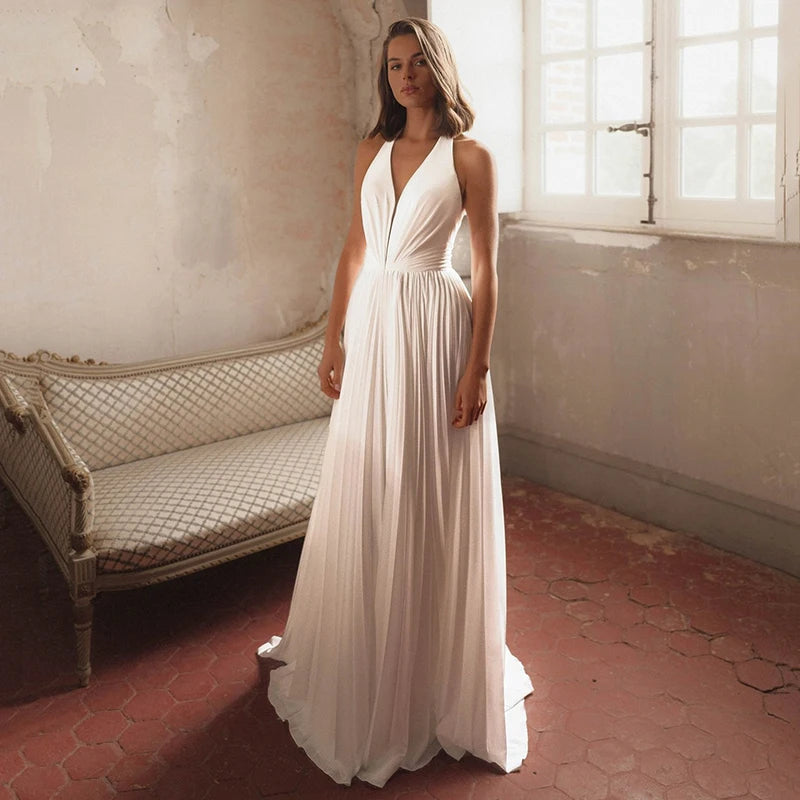 White A-Line Wedding Dresses Halter Neck Sleeveless Backless Bridal Dress Formal Wedding Ball Prom Gowns Customized