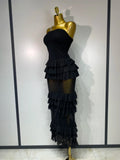 Women Sexy Strapless Ruffles Long Dress Black Backless Mesh See Through Design Dresses Evening Party Cocktail Birthday Dress