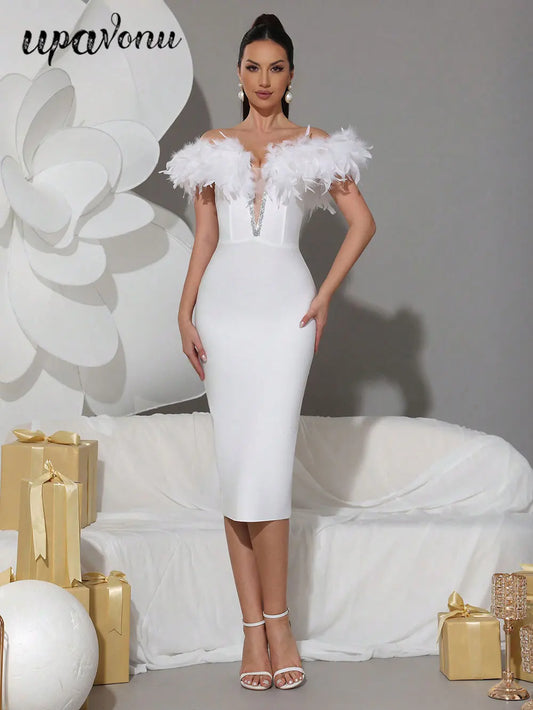 Spring Sexy Women's Light Luxury Feather Design Bandage Dress One Collar Shoulder Bodycon Bareback Dresses Party Vestidos