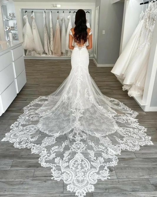 Exquisite Lace Mermaid Ivory Wedding Dresses Cap Sleeves Deep V Neck Appliqued Boho Bridal Gowns vestidos de novia