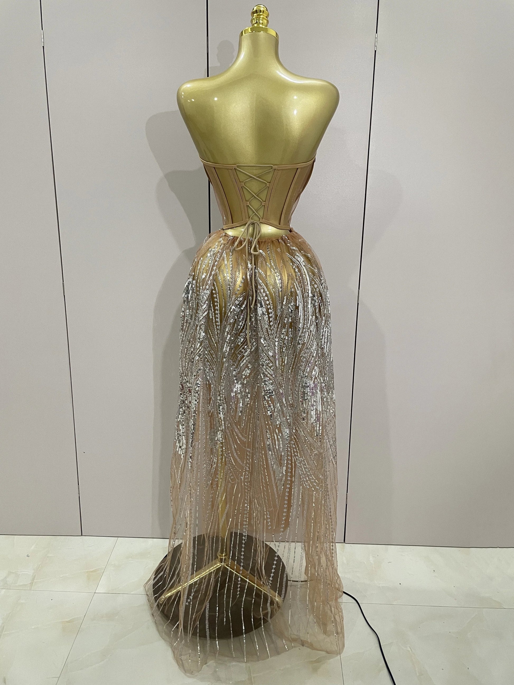 Sparkly Rhinestone Sequins Sexy Strapless See-Through Long Dress Women Evening Birthday Party Dress Nightclub Stage Costume