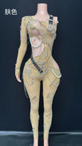 Sexy Shining Pearl Chain One Shoulder Hollow Out Jumpsuit Women Birthday Party Nightclub Singer Performance Stage Wear Khaki