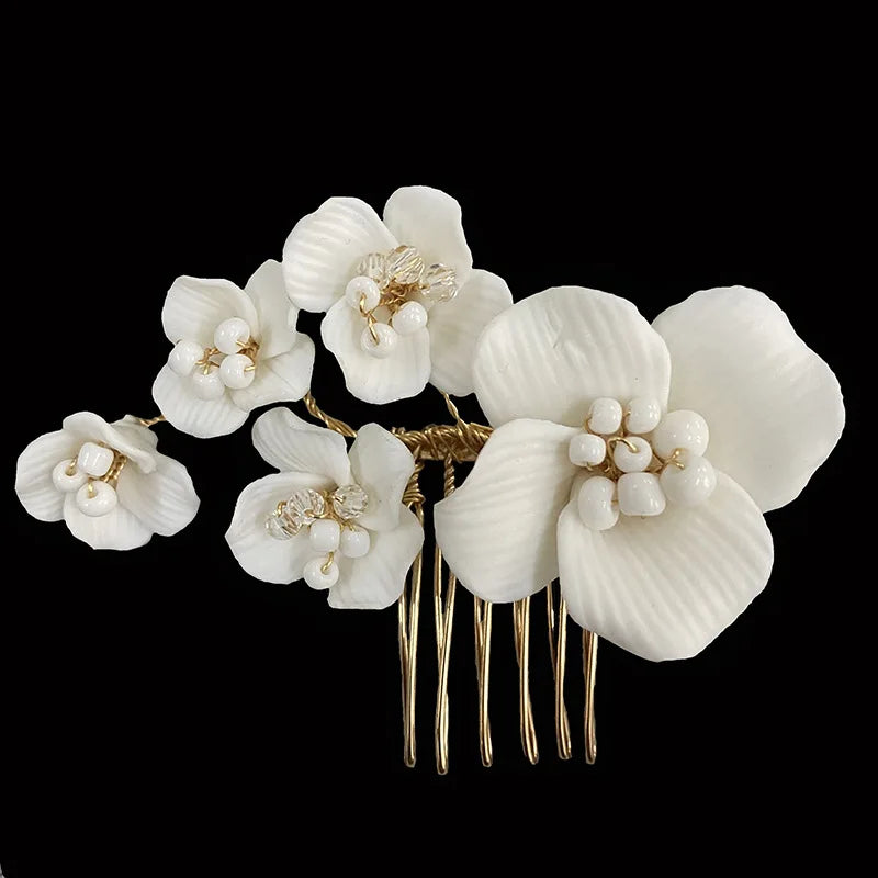 Bridal Hair Jewelry Vintage Headband Hairband Porcelain Flower Headpiece Headdress Bride Gold Color Headwear Wedding Accessories b Gold color