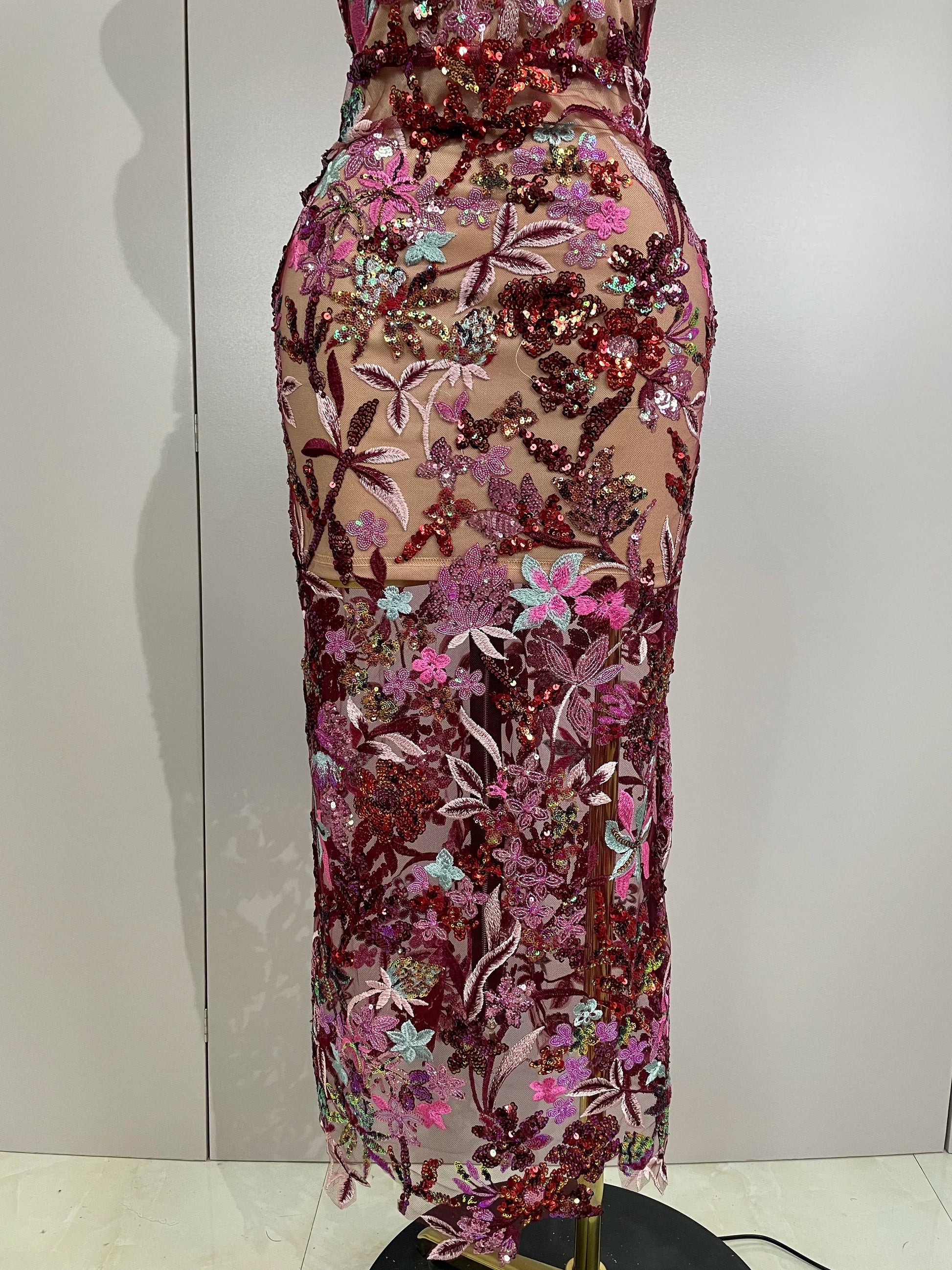 Sexy Strapless Floral Sequin Long Dress Women Sequins Flower Backless Long Slim Dress Evening Party Runway Gown Dress