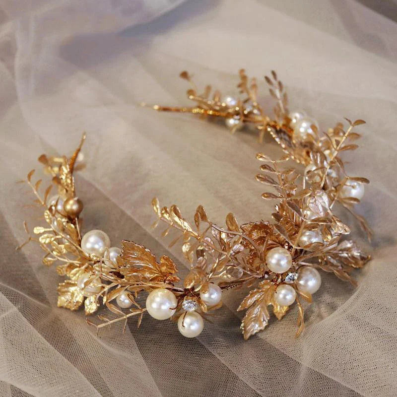 Wedding Hair Accessories Leaf Pearl Headband Gold Color Baroque Vintage Hairband For Bride Women Headpieces Crown Bridal Jewelry