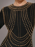 Elegant Women's Light Luxury Rivet Design Bandage Dress O-neck Long Sleeve Bodycon Black Mini Dress Evening Party Vestidos