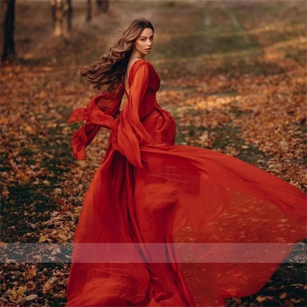 Trumpet Sleeve 30D Chiffon فساتين السهرة Red Long Sweep Train Flying Prom Dress Sexy V-neck A-line Prom Gown