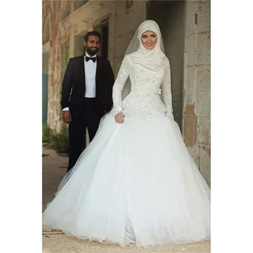 Simple Wedding Dress For Women Off-Shoulder Muslim With Flowers A-Line Pure Plain Satin Vestidos New White Split Bridal Gown