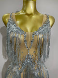 Sparkly Rhinestone Tassels Sexy Mesh Mini Dress Women Evening Birthday Party Dresses Nightclub Performance Stage Costume