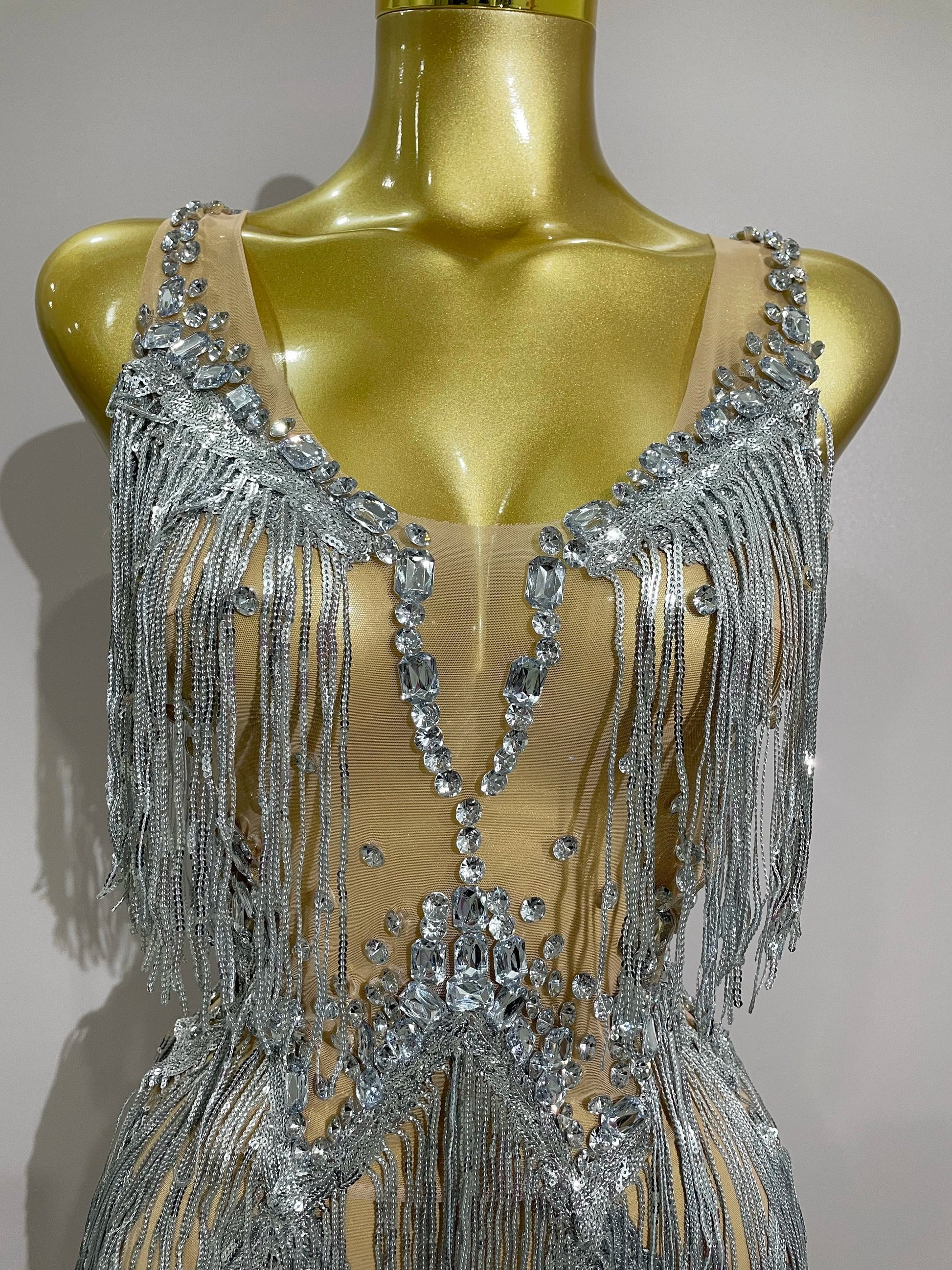 Sparkly Rhinestone Tassels Sexy Mesh Mini Dress Women Evening Birthday Party Dresses Nightclub Performance Stage Costume