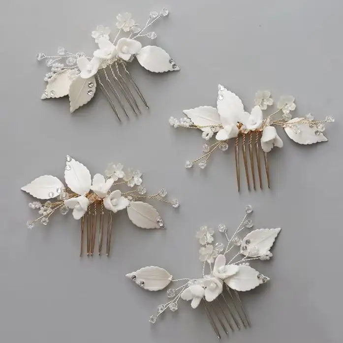 Porcelain Flower Head Piece Leaf Hair Comb Clip Pin For Bride Bridesmaids Women Hairpins Bridal Jewelry Wedding Accessories