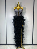 Sparkly Rhinestone Feather Mesh Long Dress Women Sexy Elegant Evening Party Luxury Birthday Photo Shoot Performance Costume black