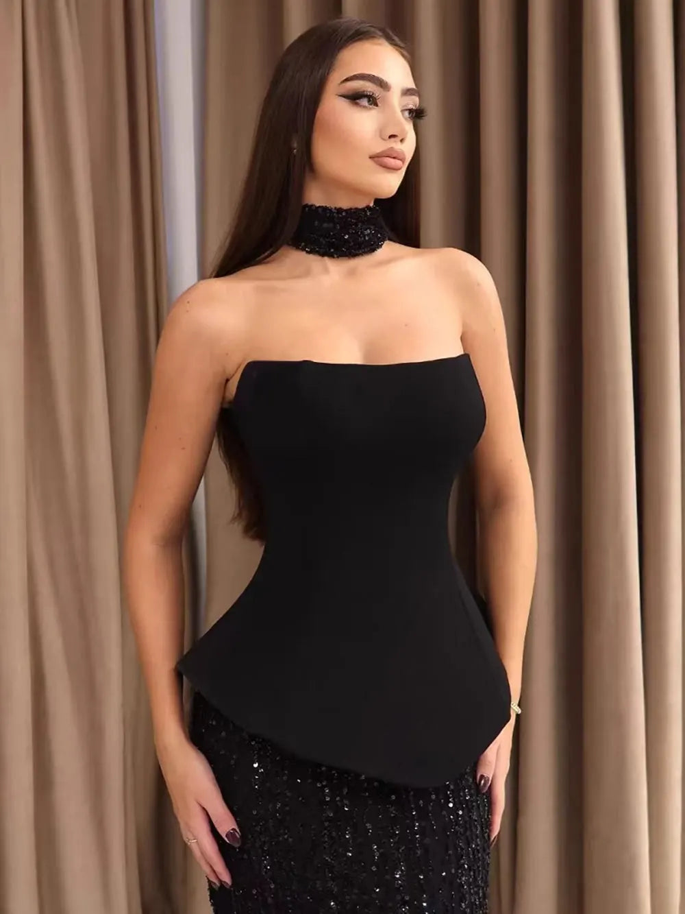 Elegant Women's Light Luxury Dress+Strapless Sleeveless Bodycon Patchwork Long Dress Cocktail Evening Party Vestidos